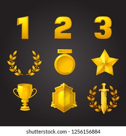 Reward icons set. 1st, 2nd, 3rd place, laurel wreath of victory, gold star, medal and sword. cons  for game, ui, banner, app, interface, slots, game development, playing cards and roulette.Vector