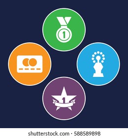 reward icons set. Set of 4 reward filled icons such as credit card, medal, 1st place star