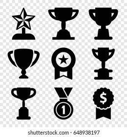 Reward icons set. set of 9 reward filled icons such as medal, trophy, star trophy
