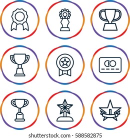 reward icons set. Set of 9 reward outline icons such as credit card, trophy, 1st place star, medal