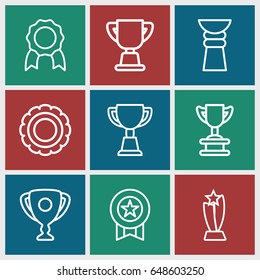 Reward icons set. set of 9 reward outline icons such as trophy, medal