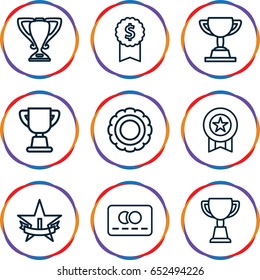Reward icons set. set of 9 reward outline icons such as credit card, trophy, 1st place star, medal, dollar award