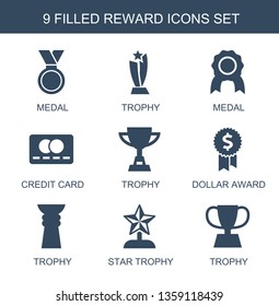 reward icons. Trendy 9 reward icons. Contain icons such as medal, trophy, credit card, dollar award, star trophy. reward icon for web and mobile.