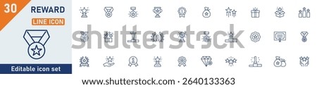 Reward line icon set. Set of 30 outline icons related to trophy, badge, prize, medal, certificate, award and others. Editable stroke. Vector illustration.