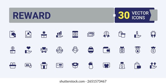 Reward line icon set. Contain linear sign shopping, coupon, prize, present, credit, card, discount and more. Bonus icon set. Minimal thin line web icons set. Editable vector.