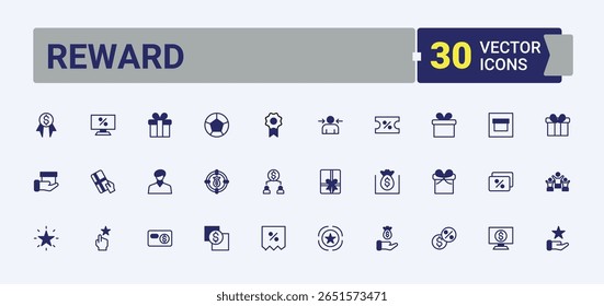 Reward line icon set. Contain linear sign shopping, coupon, prize, present, credit, card, discount and more. Bonus icon set. Minimal thin line web icons set. Editable vector.