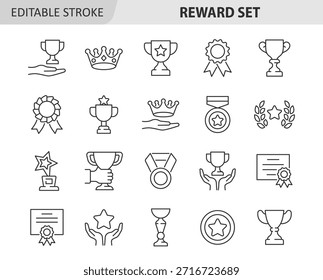 Reward line icon set. Vector award collection with winner cup, crown, badge, medal, trophy, certificate, diploma. Editable stroke.