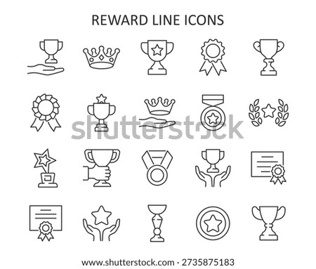 Reward line icon set. Vector award collection with winner cup, crown, badge, medal, trophy, certificate, diploma.