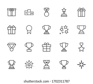 conjunto de iconos de línea de recompensa. Elementos vectoriales de trazo para el diseño moderno. Pictogramas simples para concepto móvil y aplicaciones web. Iconos de línea de vectores aislados en un fondo blanco. 