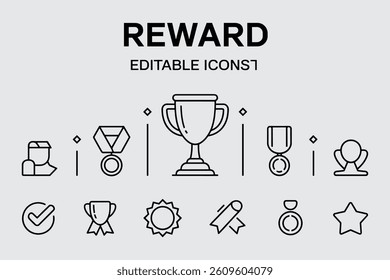 Reward Line Icons Set Trophy Medals Winner Success And Achievement Concept