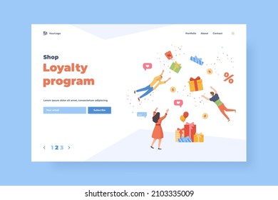 Reward loyalty product. Incentive advertising for customer present, online reward or gift, digital promotion program, landing web page. Vector program loyalty advertisement for customers illustration