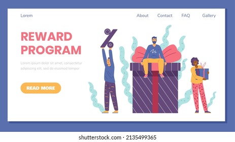 Reward loyalty program and get gifts website or landing page banner template, flat vector Illustration. Bonus and rewards program web page interface design.