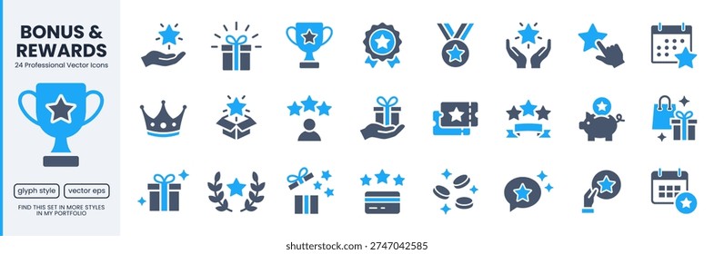 Reward, loyalty program glyph icon set with stars, gifts, trophies, medals, and crown. Achievement symbol for customer recognition, bonus point, success rating, membership benefit. Blue flat vector.