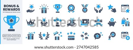 Reward, loyalty program glyph icon set with stars, gifts, trophies, medals, and crown. Achievement symbol for customer recognition, bonus point, success rating, membership benefit. Blue flat vector.