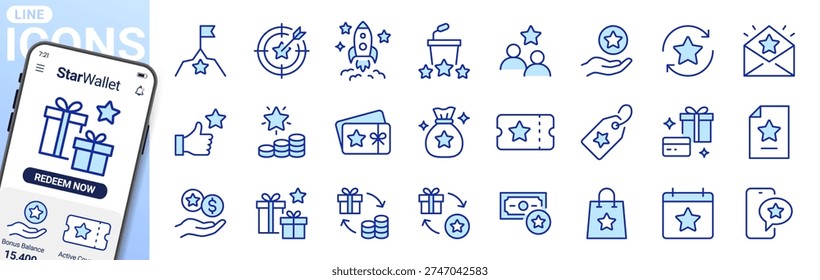 Reward and loyalty program icon set with stars, gifts, rocket, achievements. Success symbols for customer recognition, bonus points, goal targeting, membership benefits. Blue duotone line vector.