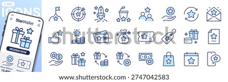 Reward and loyalty program icon set with stars, gifts, rocket, achievements. Success symbols for customer recognition, bonus points, goal targeting, membership benefits. Blue duotone line vector.