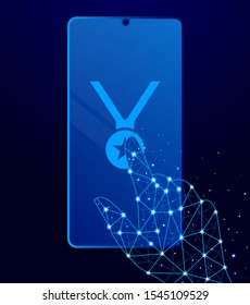 reward, medal, award touch phone. Polygon style touch phone vector illustration