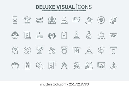 Reward medal and diploma certificate, podium with champions and money, honor prize thin black outline symbols vector illustration. Awards and prizes of winners recognition line icons set.
