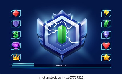Reward for the mission accomplished. Gemstone with electric current on hexagonal medal. Space game icon. 
