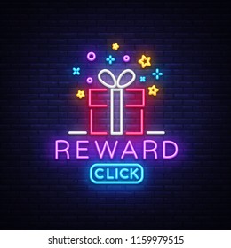 Reward Neon Sign Vector. Gift neon sign, Win super prize design template, modern trend design, night neon signboard, night bright advertising, light banner, light art. Vector illustration