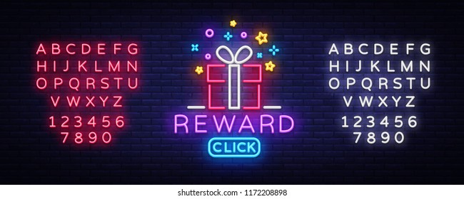 Reward Neon Sign Vector. Gift neon sign, Win super prize design template, modern trend design, night neon signboard, night bright advertising, light banner, light art. Vector. Editing text neon sign