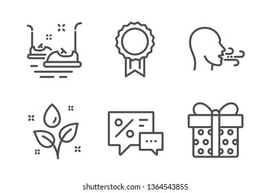 Reward, Plants watering and Breathing exercise icons simple set. Discounts, Bumper cars and Gift box signs. Best medal, Water drop. Business set. Line reward icon. Editable stroke. Vector