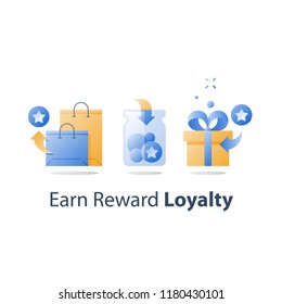 Reward points, earn gift, loyalty concept, incentive program, redeem gift, present box, collect bonus, shopping bags, vector icon, flat illustration