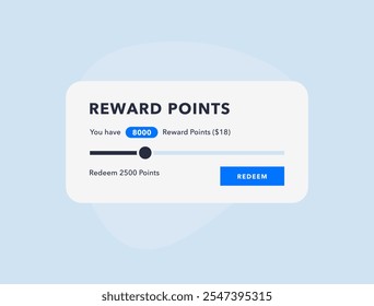 Reward points, loyalty program interface with slider to redeem points and redeem button. Perfect for loyalty programs, customer rewards and user experience design vector illustration concepts