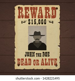 Reward poster. Wanted dead or alive banner with man silhouette in a hat and with mustache