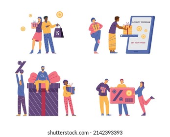 Reward program characters set with cartoon clients earn points and get rewards, flat cartoon vector illustration isolated on white background. Customers loyalty program.