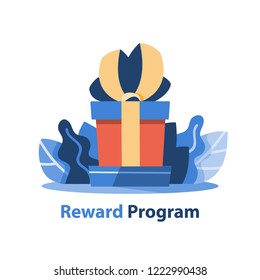 Reward program, creative gift, big present box, vector icon, flat illustration