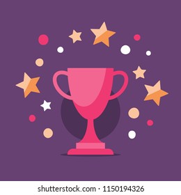Reward program, game winner, best performance, top result, shiny trophy, award ceremony, first place cup, high score achievement, premium service concept, earn points, vector icon, flat illustration