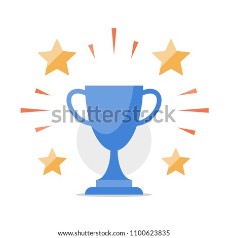 Reward program, game winner, best performance, top result, shiny trophy, award ceremony, first place cup, high score achievement, premium service concept, earn points, vector icon, flat illustration