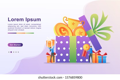 Reward Program And Get Gift Concept. People Win Sweepstakes, Cash Back Programs, Rewards For Loyal Customers, Attractive Offers. Can Use For Web Landing Page, Banner, Mobile App. Vector Illustration