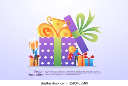 Reward Program And Get Gift Concept. People Win Sweepstakes, Cash Back Programs, Rewards For Loyal Customers, Attractive Offers. Can Use For Web Landing Page, Banner, Mobile App. Vector Illustration