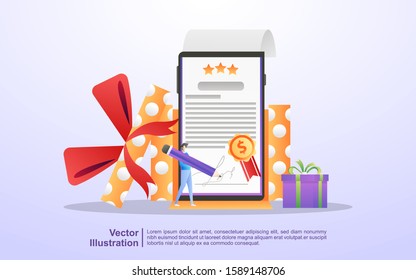 Reward Program And Get Gift Concept. People Win Sweepstakes, Cash Back Programs, Rewards For Loyal Customers, Attractive Offers. Can Use For Web Landing Page, Banner, Mobile App. Vector Illustration