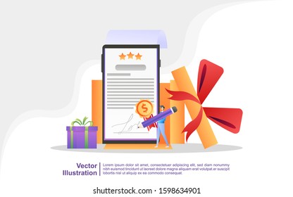 Reward Program And Get Gift Concept. People Win Sweepstakes, Cash Back Programs, Rewards For Loyal Customers, Attractive Offers. Can Use For Web Landing Page, Banner, Mobile App. Vector Illustration