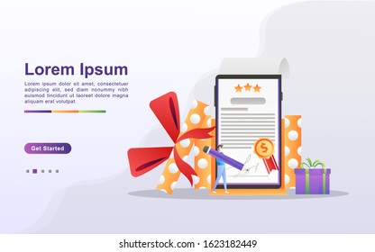 Reward Program And Get Gift Concept. People Win Sweepstakes, Cash Back Programs, Rewards For Loyal Customers, Attractive Offers. Can Use For Web Landing Page, Banner, Mobile App. Vector Illustration