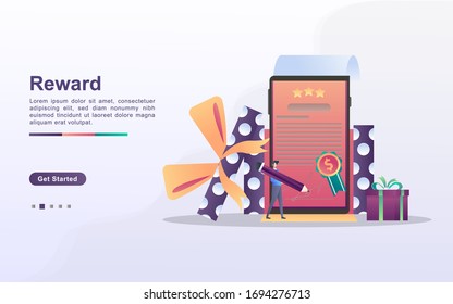 Reward Program And Get Gift Concept. People Win Sweepstakes, Cash Back Programs, Rewards For Loyal Customers, Attractive Offers. Can Use For Web Landing Page, Banner, Mobile App. Vector Illustration