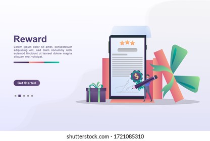 Reward Program And Get Gift Concept. People Win Sweepstakes, Cash Back Programs, Rewards For Loyal Customers, Attractive Offers. Can Use For Web Landing Page, Banner, Mobile App. Vector Illustration