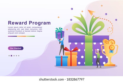 Reward Program And Get Gift Concept. People Win Sweepstakes, Cash Back Programs, Rewards For Loyal Customers, Attractive Offers. Can Use For Web Landing Page, Banner, Mobile App. Vector Illustration.