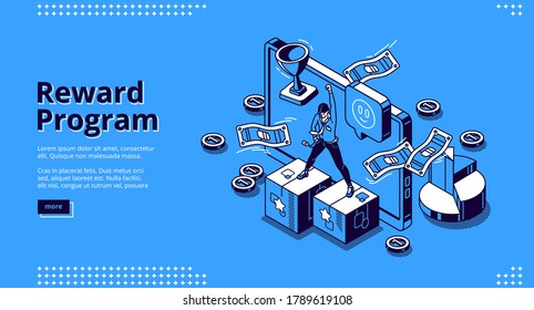 Reward program isometric landing page, loyalty cashback to customer, money back incentive commerce. Customer stand on pedestal at huge gadget with bills, coins and goblet 3d vector line art web banner