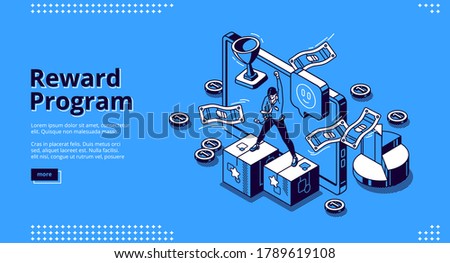 Reward program isometric landing page, loyalty cashback to customer, money back incentive commerce. Customer stand on pedestal at huge gadget with bills, coins and goblet 3d vector line art web banner