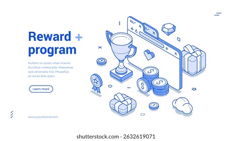 Reward program prize bonus cashback loyalty benefit web banner isometric vector illustration. Award exclusive offer trophy winner cup lottery gift present online browser rank achievement