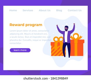 Reward program, website design, man with gifts, vector