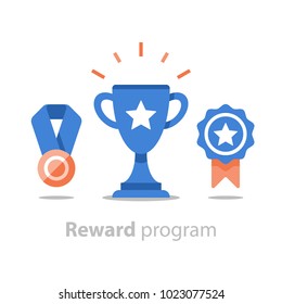 Reward program, winner cup, first place bowl, game trophy, win super prize, achievement and accomplishment concept, earn points, medal vector icon, flat illustration