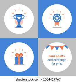 Reward program, winner cup, first place bowl, game trophy, win super prize, achievement and accomplishment concept, earn points, gift and medal vector icon, flat illustration