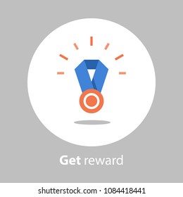 Reward program, winner medal, first place, win super prize, achievement and accomplishment concept, earn points, vector icon, flat illustration