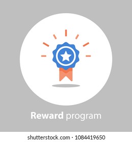 Reward program, winner medal, first place, win super prize, achievement and accomplishment concept, earn points, vector icon, flat illustration