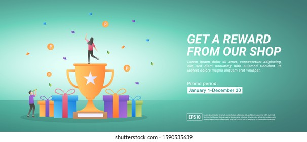 Reward and promotion programs. Get awards by shopping online. Gifts for loyal customers. Suitable for web landing page, marketing, advertising, promotion, banner. Vector illustration